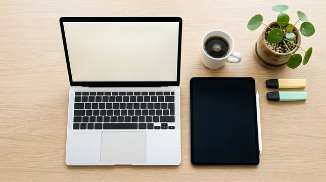 Flat Lay Overhead View of Digital Nomad Remote Worker Desk Setup