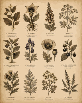 Antique poisonous plants botanical chart featuring belladonna, mandrake, foxglove, hemlock, monkshood, opium poppy, nightshade, henbane, wormwood, rue, and vervain