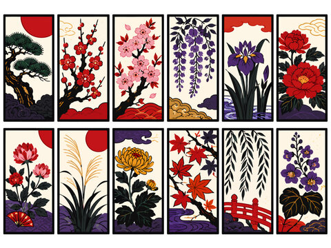 Japanese-inspired flower card collection featuring pine, plum blossom, cherry blossom, wisteria, iris, peony, chrysanthemum, maple, bamboo, and seasonal botanical panels