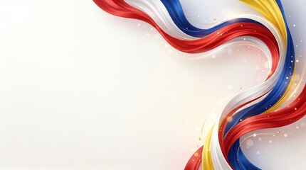 Fototapeta premium Modern Malaysia Independence Day template, elegant red, white, blue and yellow color palette inspired by Malaysian national colors, abstract flowing ribbons