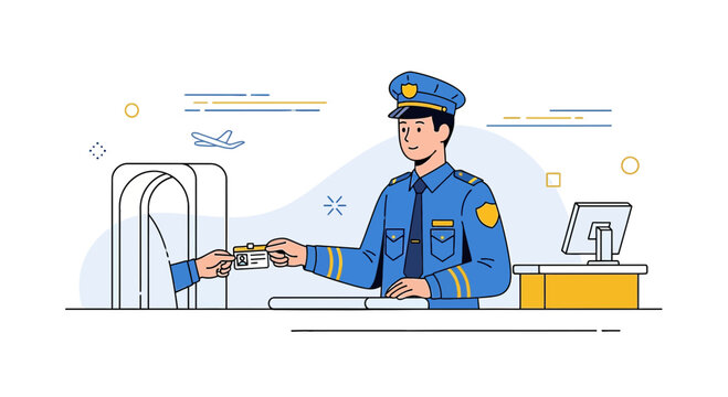 Airport Security Guard Checking Passport at Counter - Flat Design