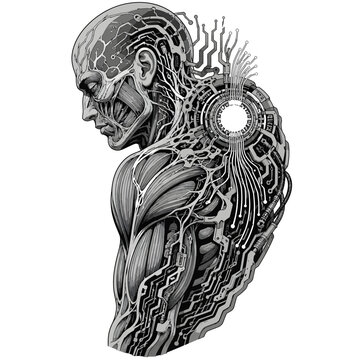Cyborg Biomechanical Human Figure Black White Detailed Illustration
