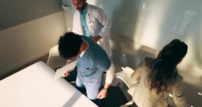 Doctors, nurse and team with meeting at hospital, above and leaving with documents, tablet and admin. People, group and medical professional with director, discussion or wellness service at clinic