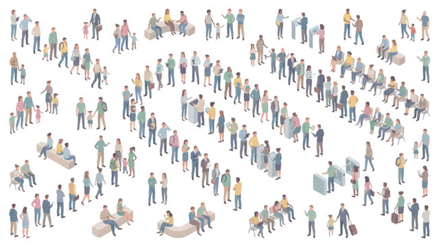 Public Queues and Commuters Vector Set with Flat Scale People Figures Waiting in Lines