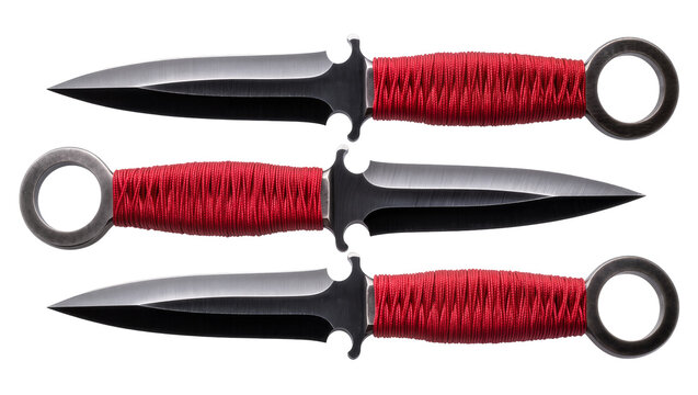 Three throwing knives with red cord-wrapped handles and metal rings