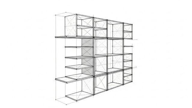Conceptual skeletal structure diagram for modular urban architecture, visualizing complex spatial frameworks