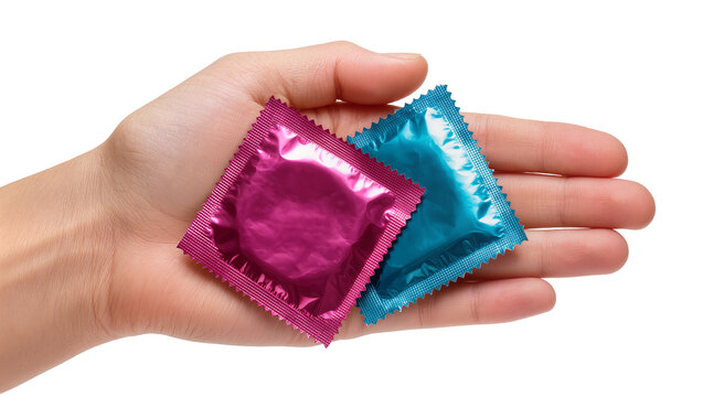 Hand holding two colorful condom wrappers, pink and blue