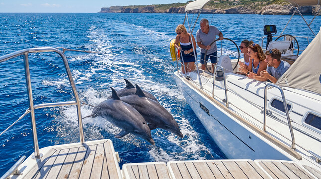 Tres delfines nariz de botella saltando en sincron&iacute;a junto a un velero blanco en un d&iacute;a soleado sobre mar azul mediterr&aacute;neo.
