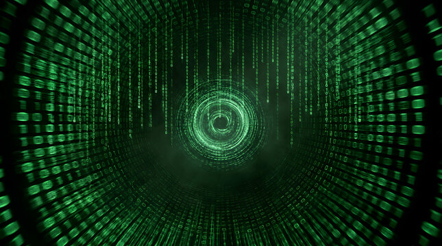 Abstract Cylindrical Cyber Tunnel with Cascading Green Binary Code