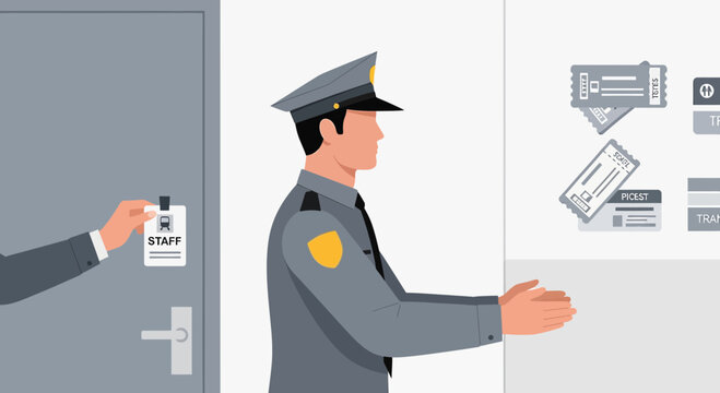 Security Guard Checks ID Badge at Event Entrance with Tickets