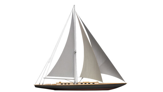 Sleek modern sailboat with tan and grey sails