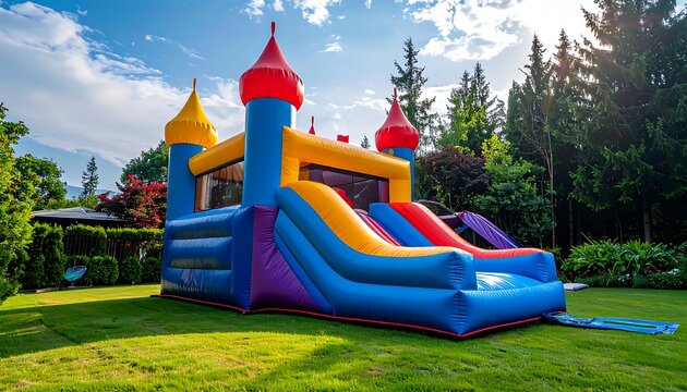 Colorful bouncy castle on a vibrant green lawn, with a sunny sky and trees in the background