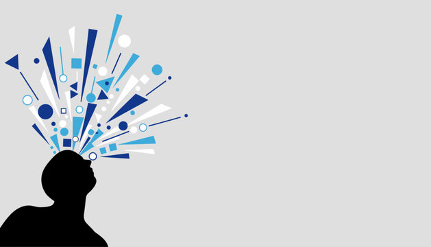 Silhouette of a head with abstract blue geometric shapes exploding outwards, symbolizing creativity and ideas