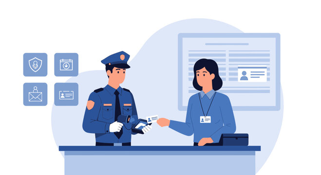 Security Guard Checks ID Card at Desk, Access Control, Border Check