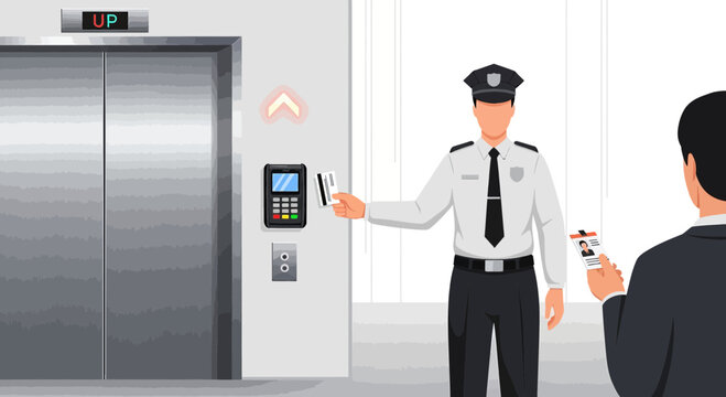 Security guard checks ID card at elevator entrance, access control system