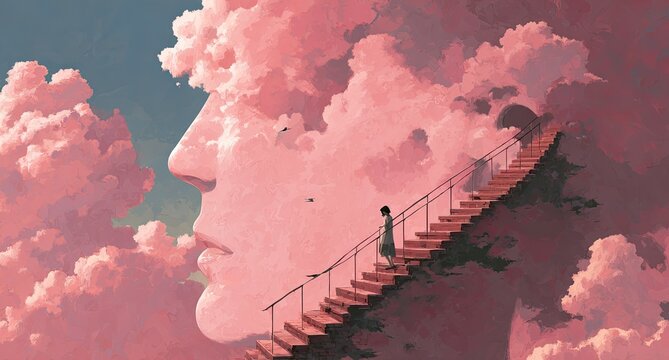 A lone figure ascends a surreal staircase within a giant cloud-formed face