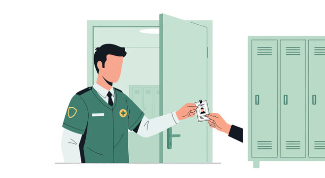 Security guard checking ID badge at facility entrance with lockers nearby