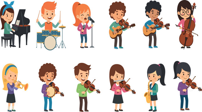 Children Musician Characters Collection Playing Piano Drums Guitar Violin Trumpet Flute and Saxophone Cartoon Vector Illustration Set