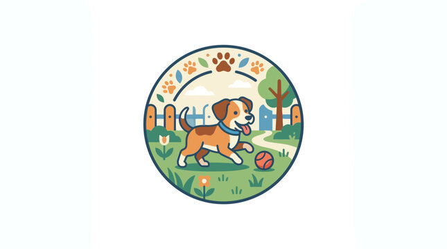 Cute Cartoon Puppy Playing with Ball in Garden Badge