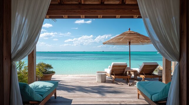 Tranquil beachside lounge with turquoise waters and white sand