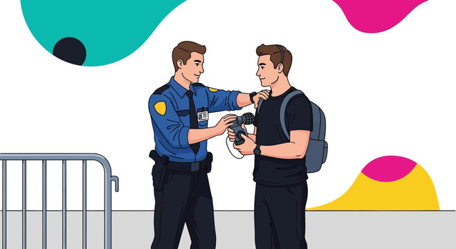 Security guard checks bag of person with backpack at event entrance
