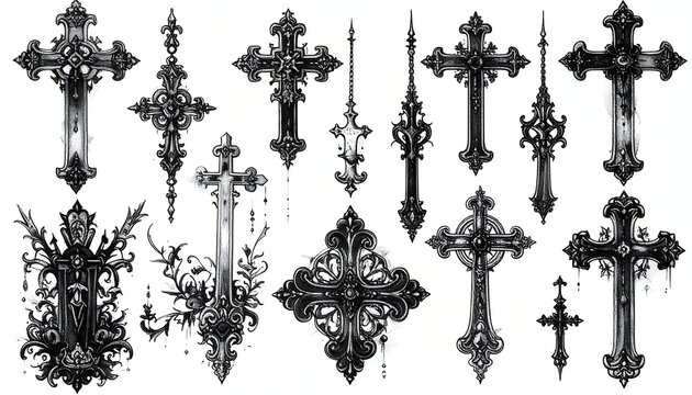 Collection of intricate, gothic crosses with ornamental details and embellishments in black and white against a white background