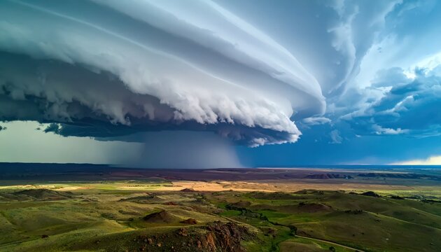 Dramatic Supercell Thunderstorm Approaching Over a Vast Prairie Landscape.