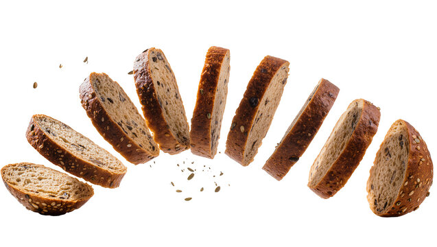 Sliced whole wheat bread with seeds flying