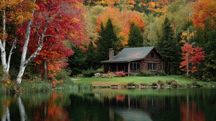 Fototapeta premium Rustic cabin nestled amidst vibrant autumn foliage by tranquil water