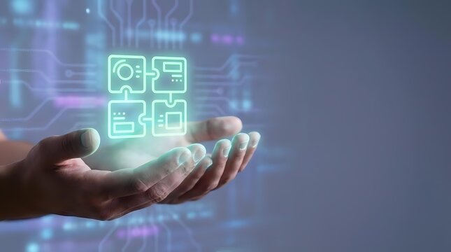 Digital application icons glowing in neon green light above an open hand against a blurred tech background, representing software development and mobile app creation.