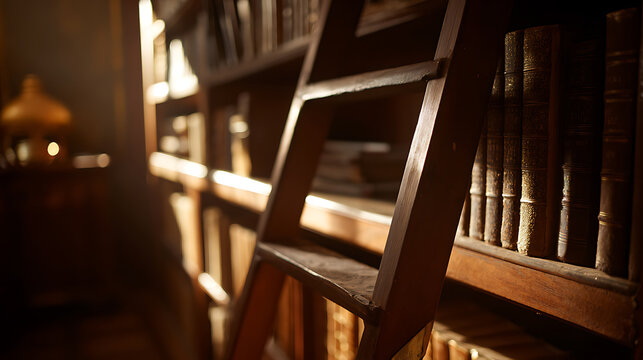 Aged wisdom and knowledge: a rustic wooden ladder leans against a bookshelf filled with vintage books, bathed in warm, soft light within a cozy, inviting library setting, evoking an atmosphere of quie