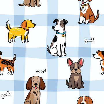 Seamless Pattern with Cartoon Dogs on Blue Gingham Background