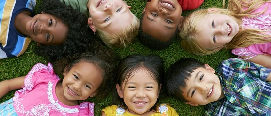 Fototapeta premium Smiling, a group of diverse friends are lying on the lawn.