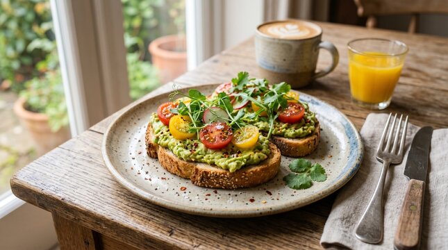 A slice of avocado toast topped with cherry tomatoes and seeds, served with coffee for a healthy breakfast.