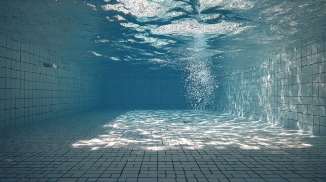 Underwater view of an empty tiled pool with light patterns