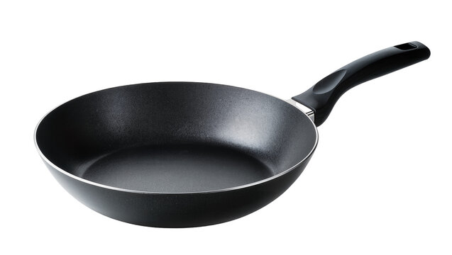 Black non-stick frying pan with silver rim and black handle