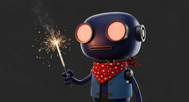 A charming 3D rendered robot character, with glowing red eyes and a festive bandana, holds a sparkling firework, celebrating a joyous moment
