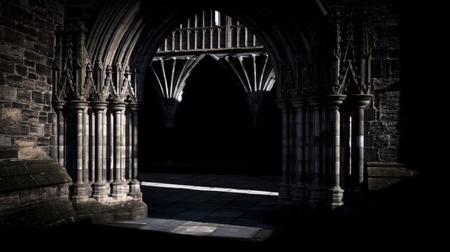 Gothic Stone Archway with Dark Medieval Courtyard Interior