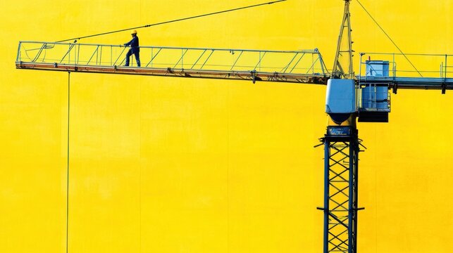 Construction worker on a high-rise crane with a bright yellow backdrop