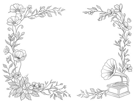 Vintage Gramophone Border And Frame Retro Music Decorative Illustration