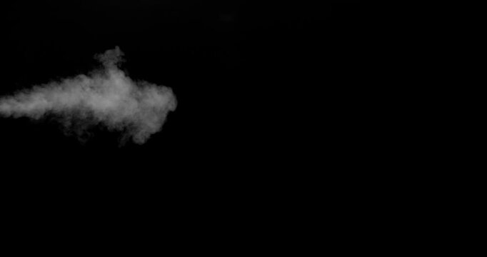 Realistic cold breath vapor drifting through dark air in slow motion. Frozen exhalation smoke effect on black background, ideal for winter scenes, overlays, VFX compositing and cinematic effects.