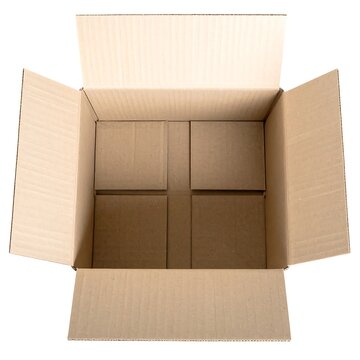 Open Cardboard Shipping Box with Four Small Boxes Inside on White Background