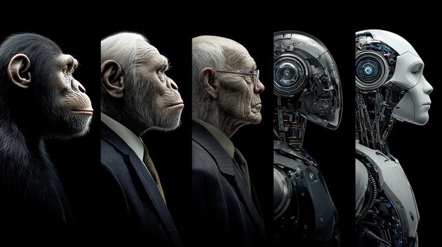 Side-profile timeline showing transformation from primitive ape to modern human to cyborg and android, symbolizing evolution, technology and future of humanity.