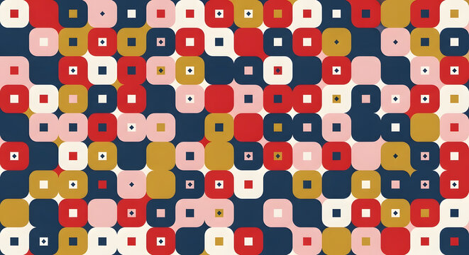 Retro Geometric Pattern: A vibrant abstract pattern featuring a playful arrangement of rounded squares and circles in a retro color palette of navy blue, crimson, blush pink, and mustard yellow.