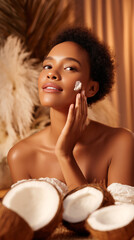 Naklejka premium Woman applying coconut cream on face with fresh coconuts. Natural organic skincare routine with tropical ingredients. Moisturizing facial treatment for healthy glowing skin in spa setting.