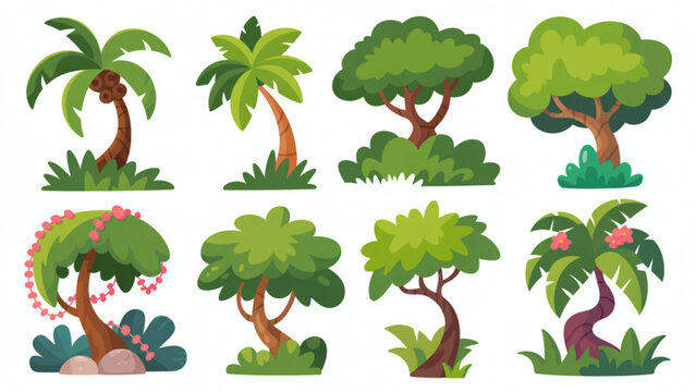 Cartoon characters enjoying tropical beach and forest activities with palm trees