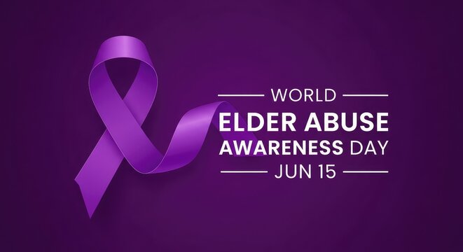 World Elder Abuse Awareness Day deep purple textured wallpaper featuring an awareness ribbon logo and subtle map print