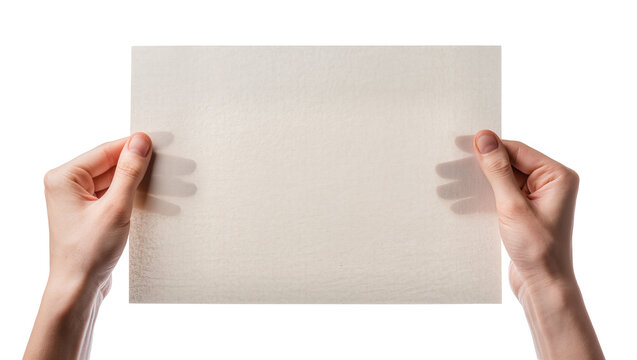 Hands holding a blank light beige textured paper sheet
