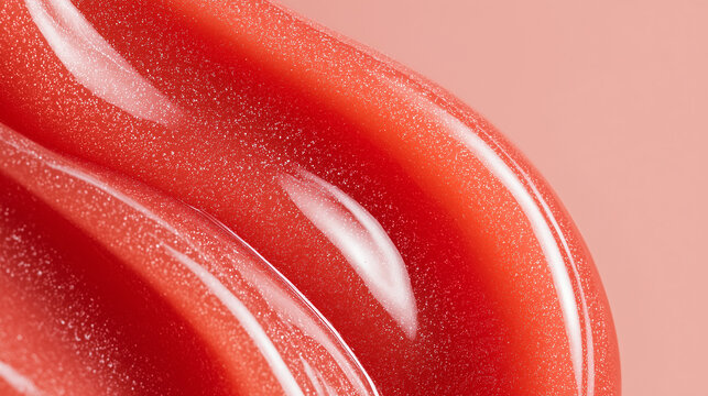 Gummy gel lip tint texture macro, glossy red coral finish. Sparkling elastic cosmetic product, smooth bouncy surface. Beauty makeup tactile aesthetic on pink background, trendy skincare innovation.