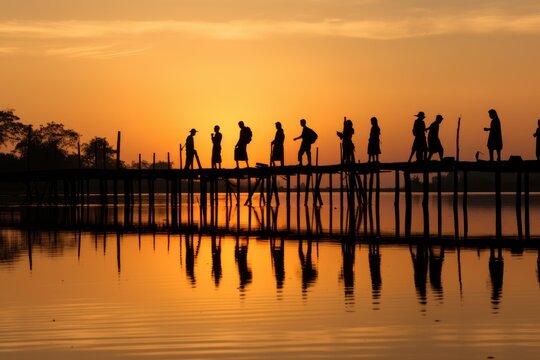 Silhouettes of people crossing a long wooden bridge over water reflecting orange sky